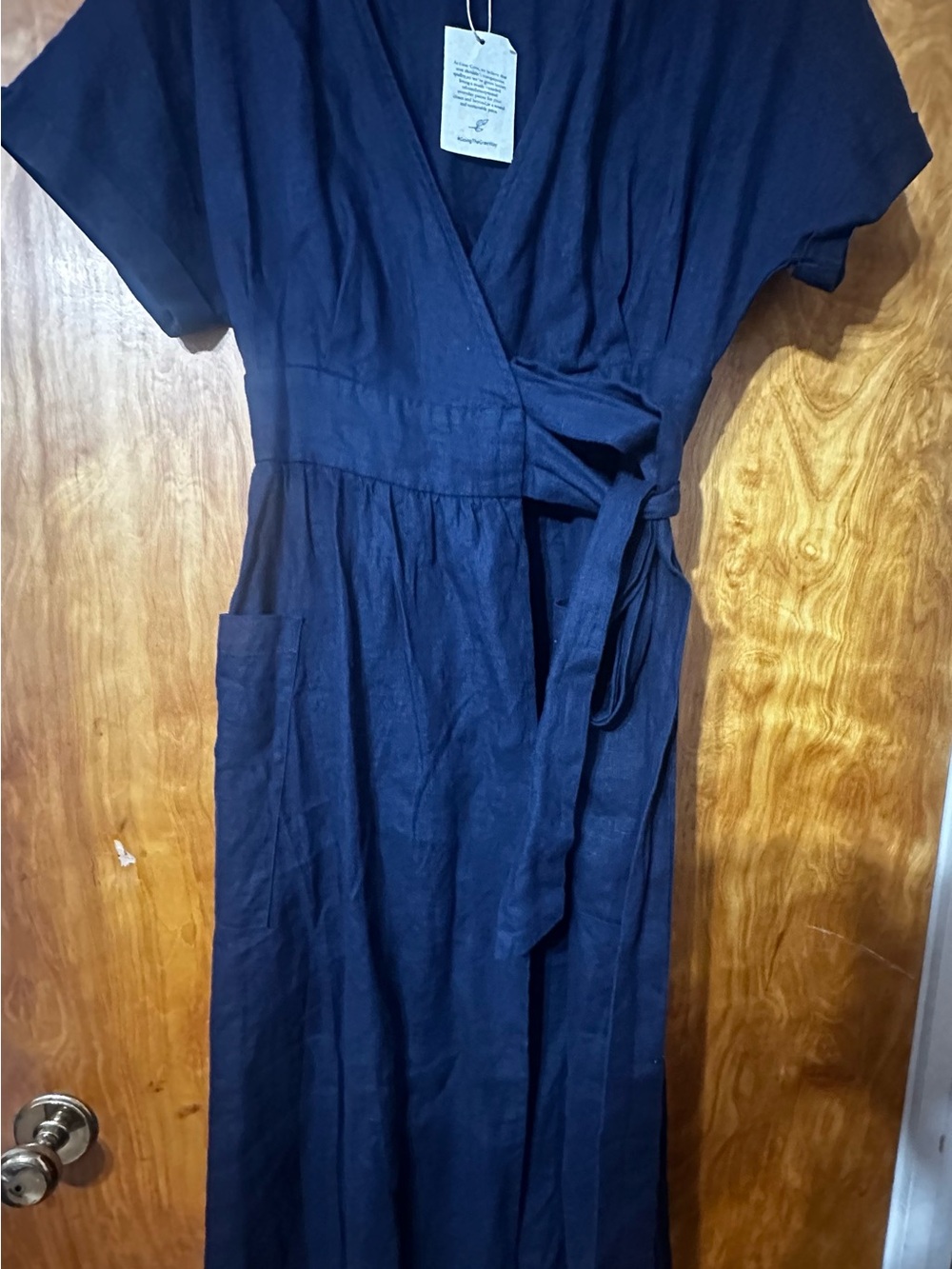 Women’s Navy Wrap Midi Dress with Tie Waist and Pockets